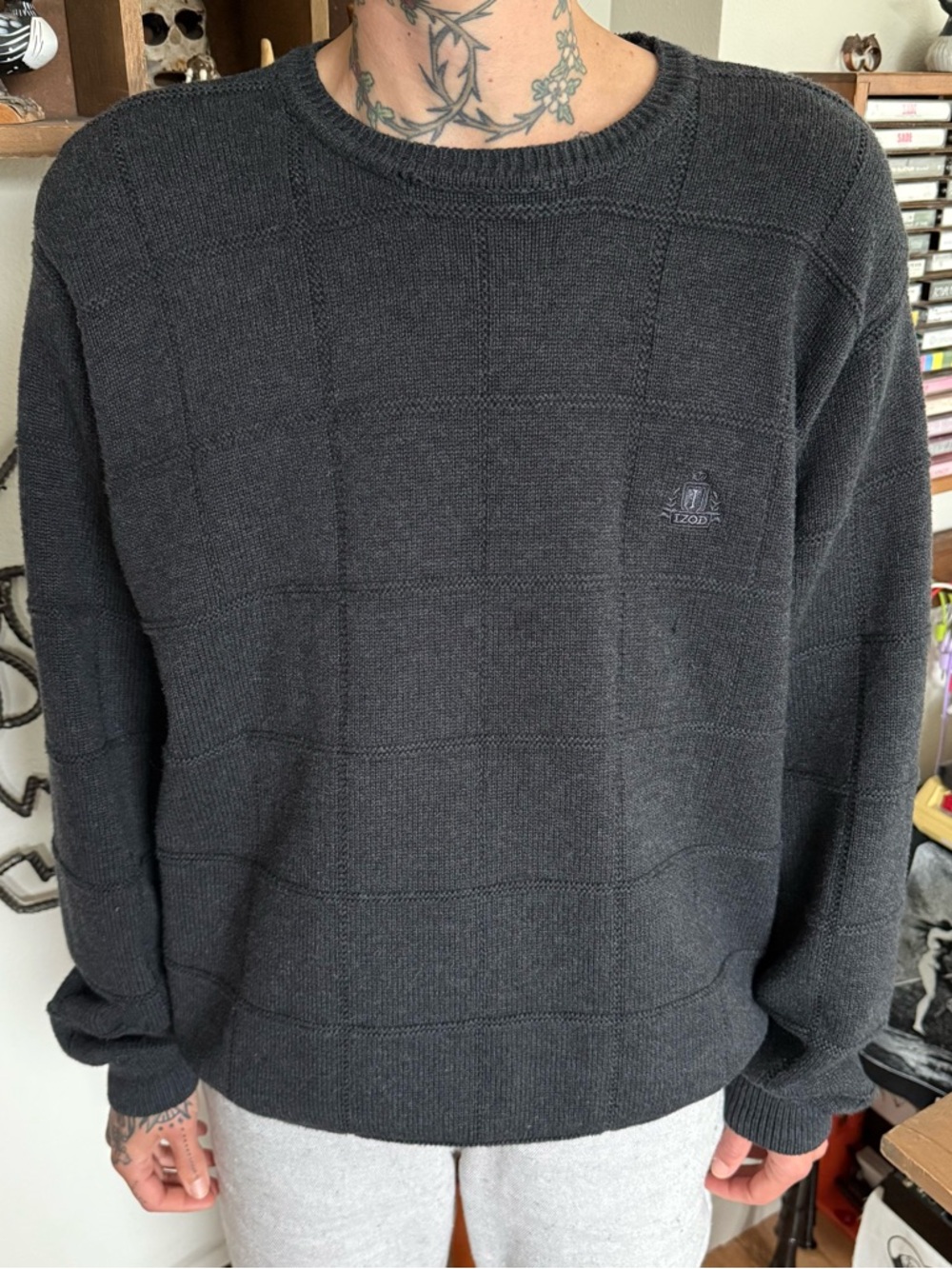 Vintage 90s 2000s Charcoal Gray Knit Cotton Crewneck Sweater ~ Size Large
